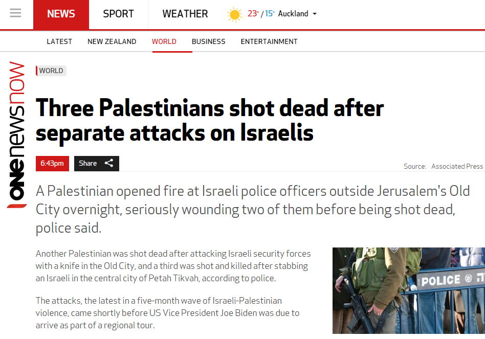 התמקדות בפלסטינים ההרוגים - ולא בנרצח ובפצועים. צילום מסך מתוך אתר TVNZ
