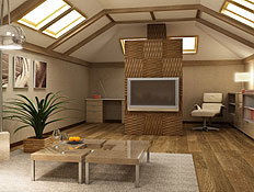 דירה מעוצבת עם תקרת טרפז, פלזמה, ספות, פרקט ועציץ (צילום: Auris, Istock)