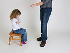 ילדה נזופה על כסא ומעליה אצבע מאיימת של אביה (צילום: Sonifo, Istock)