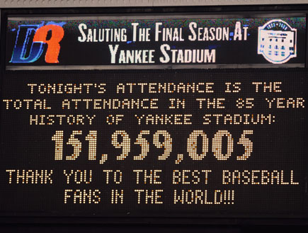 שלט שמראה את מספר הצופים באצטדיון היאנקיז (צילום: getty images)
