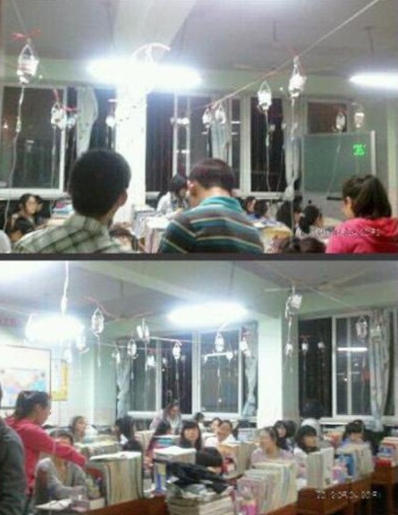 תלמידים סיניים מחוברים לאינפוזיה (צילום: weibo.com)