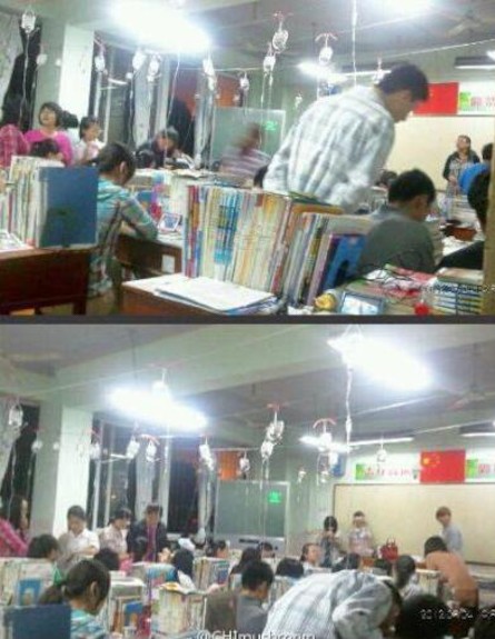 תלמידים סיניים מחוברים לאינפוזיה (צילום: weibo.com)