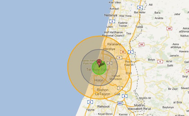 מפת הגרעין (צילום: NukeMap & GoogleMaps)