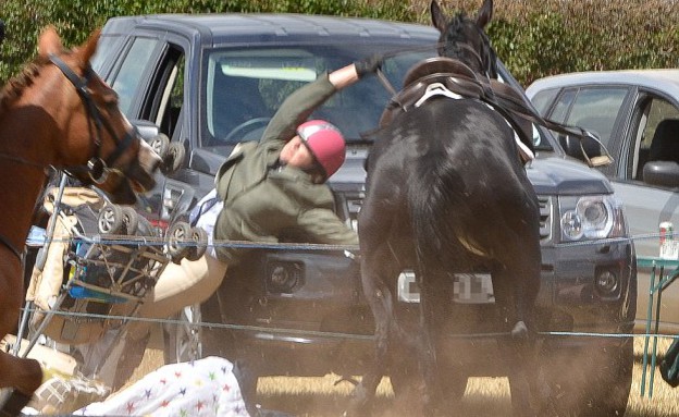 הרוכב שעף מהסוס כמעט מחץ את הפעוט (צילום: גילי דוידסון / dailymail.co.uk)