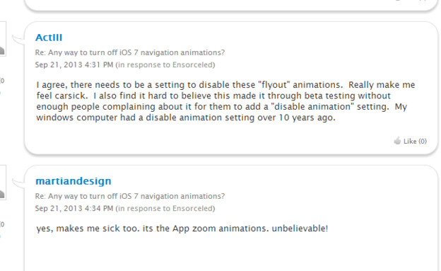 תלונות על iOS 7, מתוך הפורום הרשמי של apple (צילום: https://discussions.apple.com)