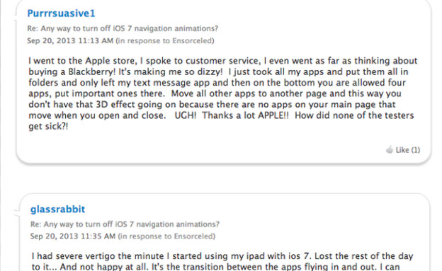 תלונות על iOS 7, מתוך הפורום הרשמי של "אפל" (צילום: https://discussions.apple.com)
