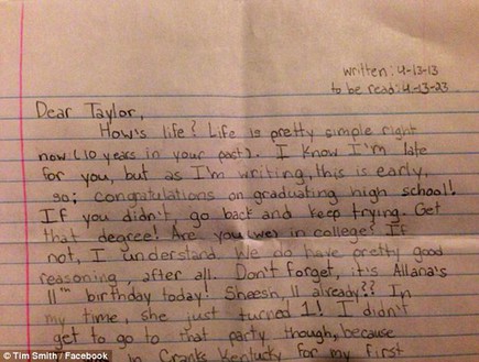 מכתב לעצמי - טיילר סקאוט סמית - המכתב (צילום: MailOnline, פייסבוק)