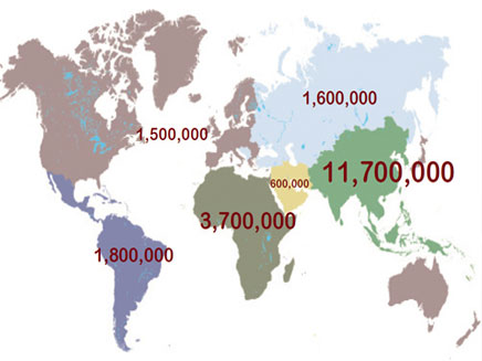 מספר העבדים בעולם לפי יבשות המאה ה 21