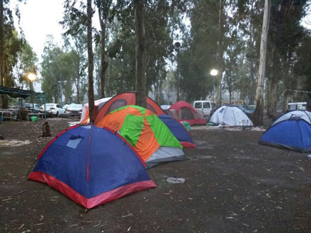 אוהלים רטובים בכנרת, היום (צילום: צילום מיכאל אלביליה רשות ניקוז ונחלים כינרת)