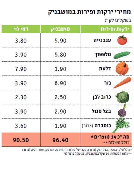 מחירי פירות וירקות במושבניק (איור: TheMarker)