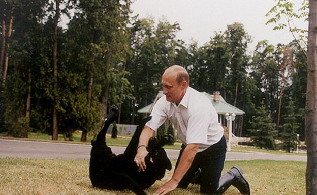 ולדימיר פוטין משחק עם כלבתו קוני (צילום: ויקיפדיה)