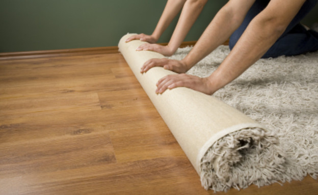 שני זוגות ידיים מגלגלות שטיח צמר לבן על פרקט (צילום: kutay tanir, Istock)