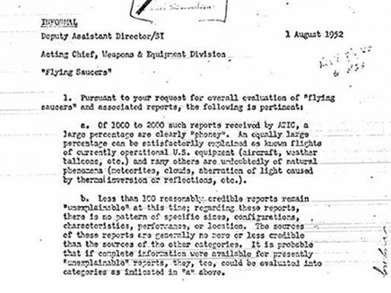 דוח מ-1952 הטוען כי רוב הדיווחים מזויפים (צילום: CIA)