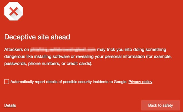 אזהרה של גוגל בכניסה לאתר עם פרסומות מוסוות (צילום: גוגל)