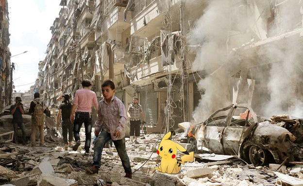 פוקימון בסוריה (עיבוד: Khaled Akil, צילום רקע: AFP)