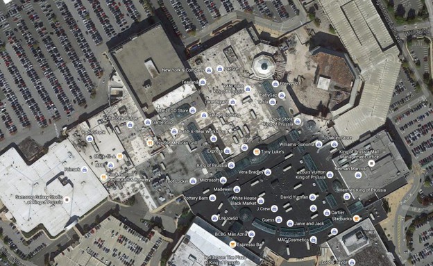 תצלום לוויין של מגרש חניה בקניון קינג אוף פרוסיה בפילדלפיה (צילום: גוגל מפות)