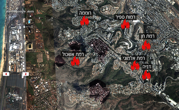 מוקדי השריפה בחיפה (צילום: חדשות 2)