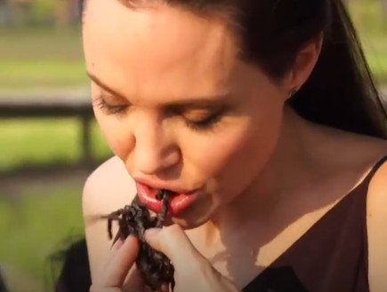 אנג'לינה ג'ולי אוכלת עכביש, פברואר 2017 (צילום: BBC)