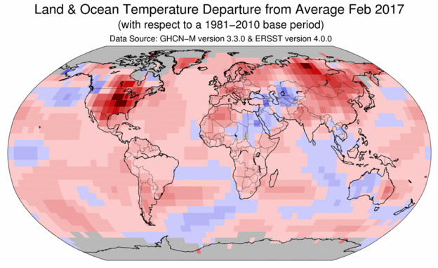 התחממות גלובלית רבעון ראשון 2017 (צילום: NASA)