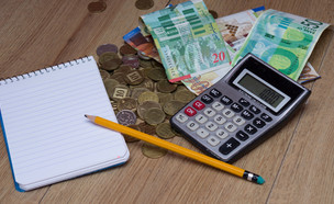 שטרות ומטבעות של שקלים ליד מחשבון, פנקס ועיפרון (אילוסטרציה: Pavel Litvinsky, Shutterstock)