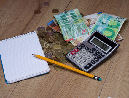 שטרות ומטבעות של שקלים ליד מחשבון, פנקס ועיפרון (אילוסטרציה: Pavel Litvinsky, Shutterstock)