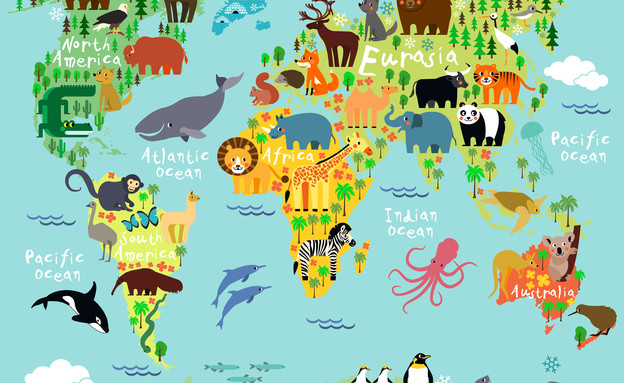 איור חיות במפת העולם (צילום: shutterstock)
