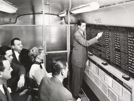 לוח מניות במשרד של מריל לינץ' בשנות ה–50 (צילום: Library of Congress)