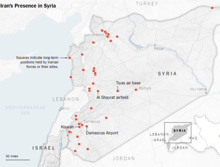 מפת הבסיסים האיראניים בסוריה (צילום: ניו יורק טיימס)