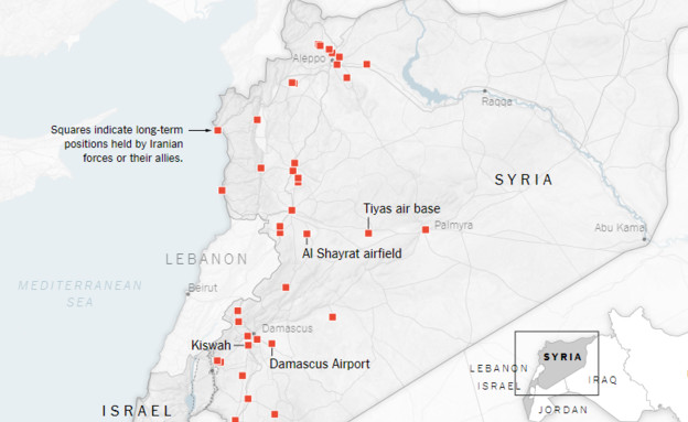 מפת הבסיסים האיראניים בסוריה (צילום: ניו יורק טיימס)