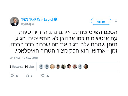 הציוץ של לפיד מהיום (צילום: טוויטר של יאיר לפיד)