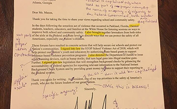 המכתב שקיבלה מייסון מהנשיא (צילום: ניו יורק טיימס)