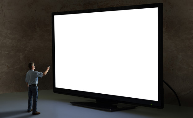 גבר עם שלט מול טלוויזיה ענקית (צילום: Mike Focus, shutterstock)