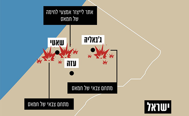 מפת התקיפות הלילה בעזה (צילום: דובר צה"ל, חדשות)