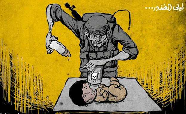 קריקטורה המאשימה את צה"ל בהרג התינוקת (צילום: עמוד הטוויטר של המאייר הפלסטיני Sabaaneh, חדשות)