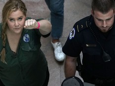 השחקנית איימי שומר נעצרת בהפגנה (צילום: Sky News, חדשות)