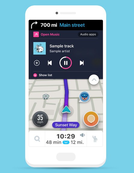 Waze משולב עם נגן מוזיקה (הדמיה: Waze)