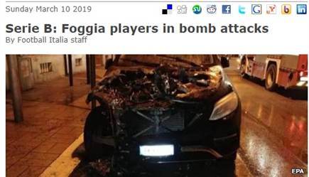 מכוניתו של חלוץ הקבוצה נמצאה שרופה (כותרת האתר "פוטבול איטליה") (צילום: ספורט 5)