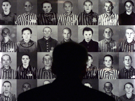 איש מתבונן בתמונות של נספים בשואה