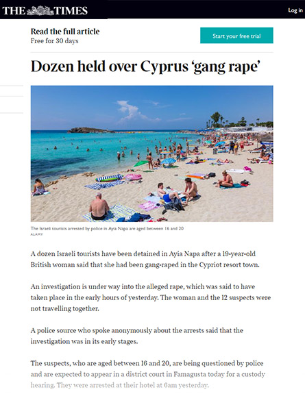 סיקור פרשת האונס הקבוצתי בקפריסין בעולם, THE TIMES (צילום: צילום מסך THE TIMES, חדשות)