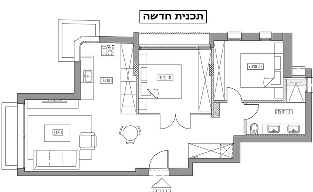 דירה בתל אביב, עיצוב רונה טמקין, תוכנית אדריכלית אחרי שיפוץ (שרטוט: רונה טמקין)