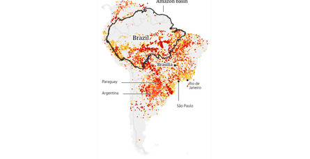 מפת השרפות בדרום אמריקה (הדמיה: nasa)