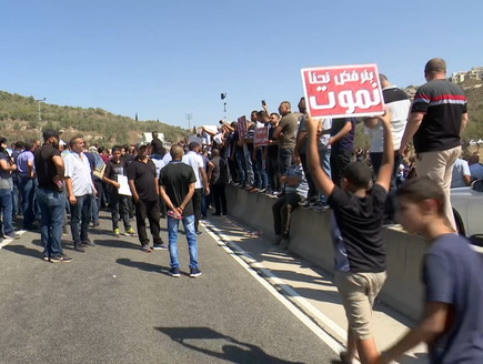 הפגנה בכביש 65 שבוואדי ערה (צילום: החדשות 12, החדשות12)