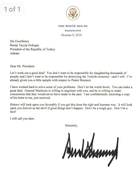 המכתב ששלח טראמפ לארדואן לפני המבצע בסוריה (צילום: רויטרס)
