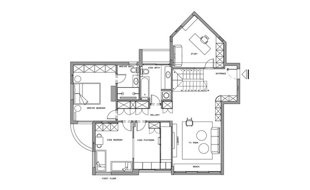 בית בהרצליה, עיצוב טלי ג'רסי, תוכנית אדריכלית, קומה א (שרטוט: טלי ג'רסי)