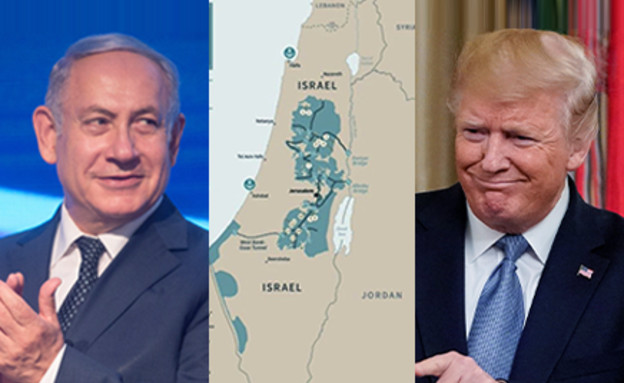 בנימין נתניהו, דונלד טראמפ והמפה המציגה את תוכנית