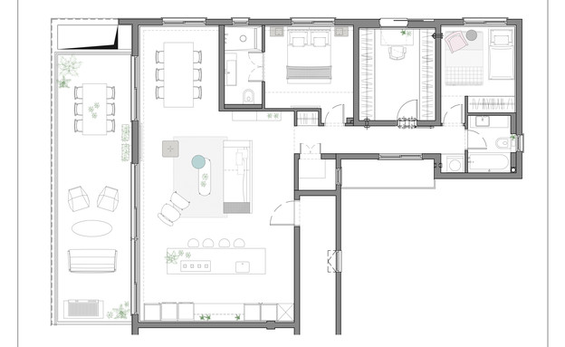 דירה בתל אביב, עיצוב מאיה שינברגר, תוכנית אדריכלית אחרי שיפוץ (שרטוט: מאיה שינברגר)