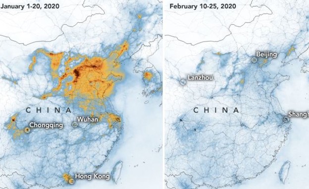 זיהום האוויר בסין בתחילת ינואר וכיום (צילום: NASA‏, SKY NEWS)