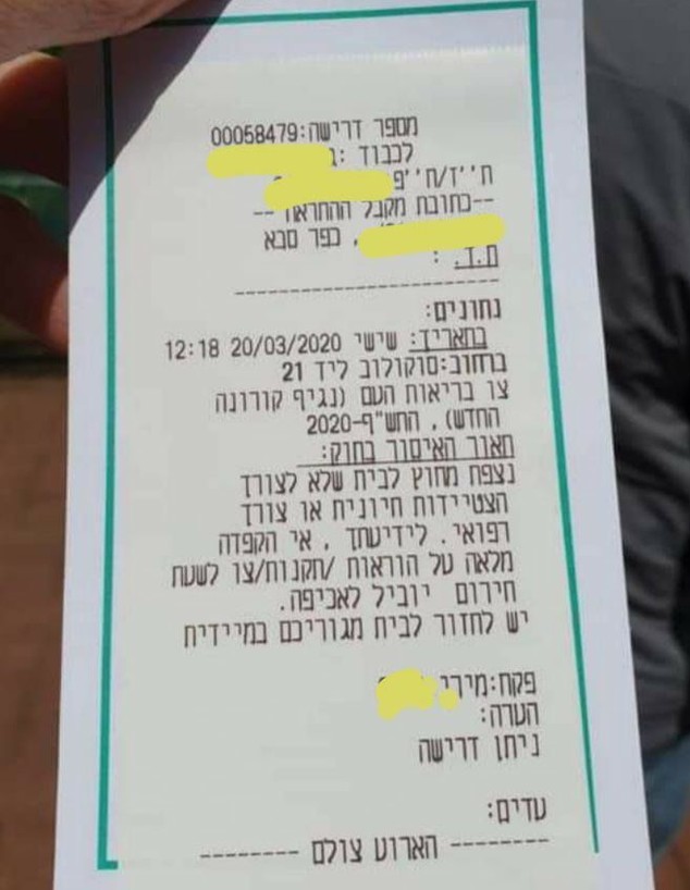 התראה לפני קנס בגין הפרת צו הקורונה