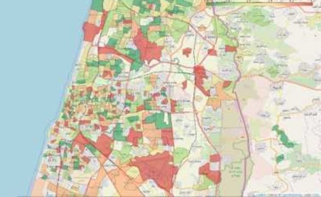 שכונות גוש דן: באדום - אזורים עם אחוז סימפטומים גבוה (צילום: מכון ויצמן למדע)