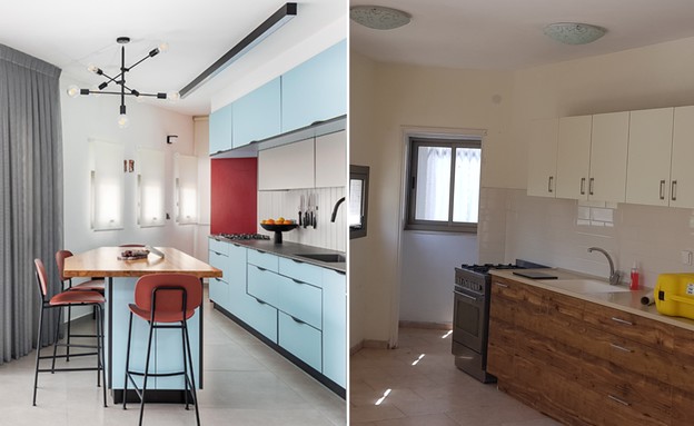 דירה בתל אביב, עיצוב יעל שביט, קולאז' (צילום: לפני: יעל שביט, אחרי: אורית ארנון)